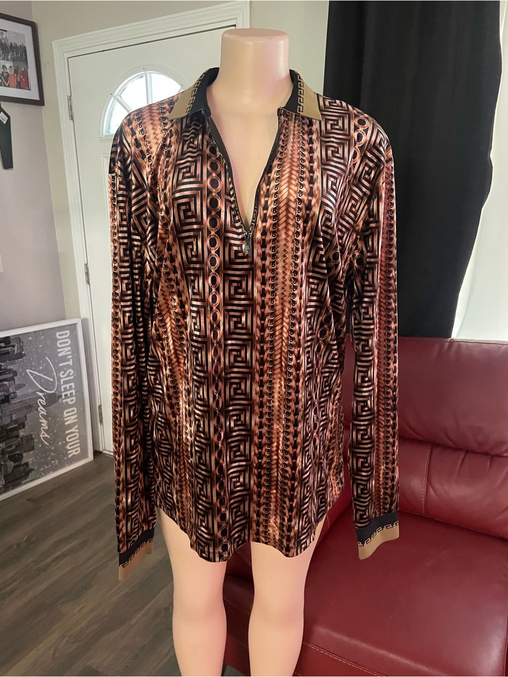 Suslo couture Men's Brown Geometric Long-Sleeve Shirt soft jazz dancing 2XL